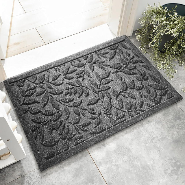 VivaNest Grey Leaves Outdoor Indoor Entrance Doormats, Absorbent Durable Heavy Duty Welcome Front Door Mat,Thick Natural Rubber Back,Easy Clean Entryway Mat 17x30 Inch, Low Profile