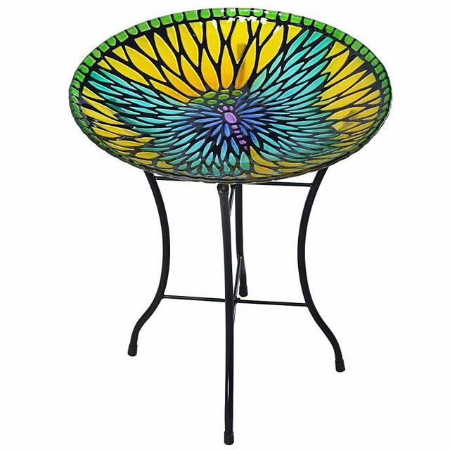Peaktop 3208930 Bird Baths, 21.2" Height, Yellow/Blue Butterfly