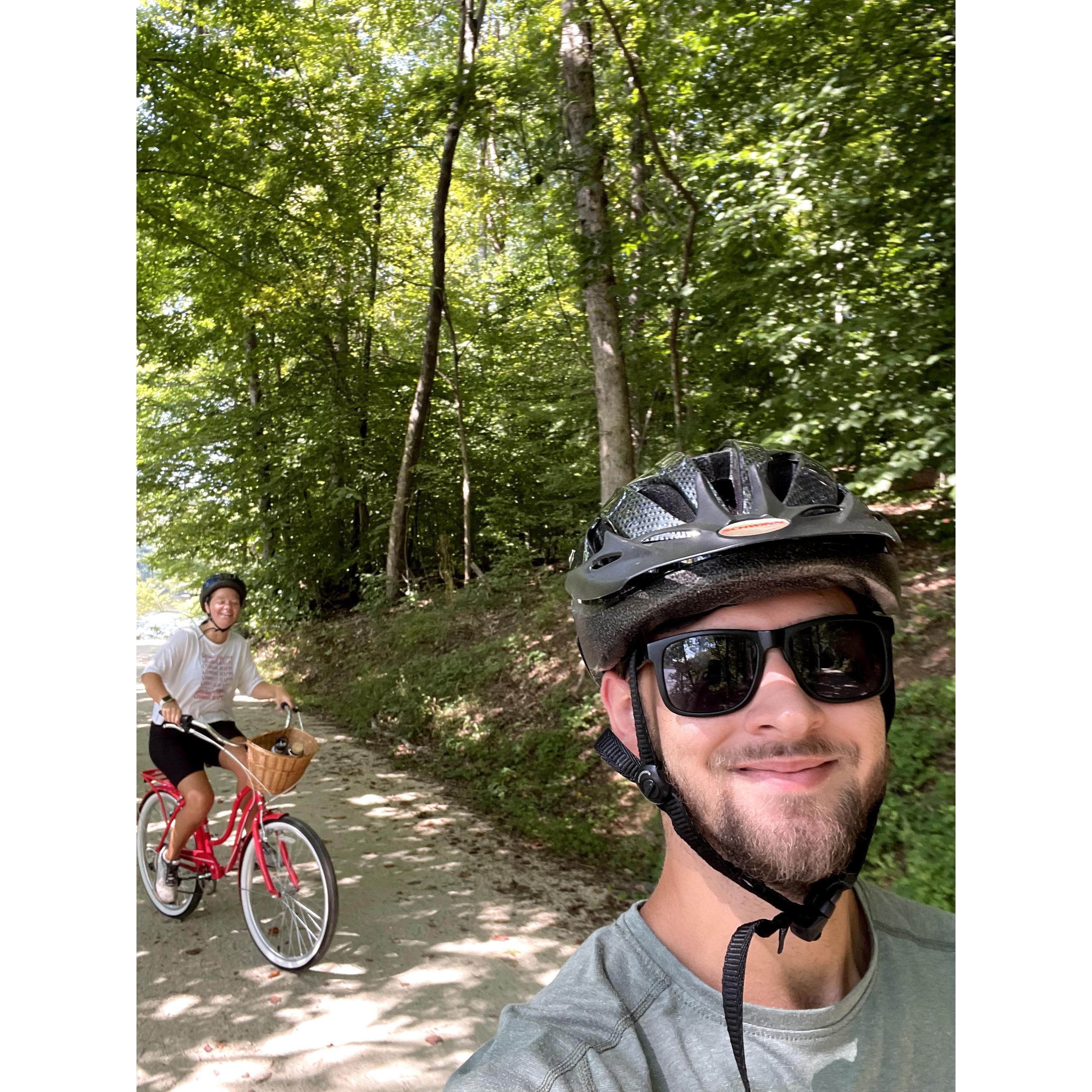 He always smiles despite making him bike 7 miles in luxury bikes on a mountain bike trail