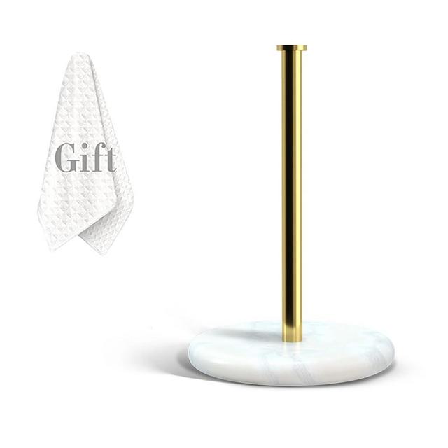 BUCKBURG Countertop Natural Marble Paper Towel Holder Stand, Enlarged Base Version, Fits Any Size Roll, Brushed Gold Stainless Steel Rod, One-Handed Tear Design