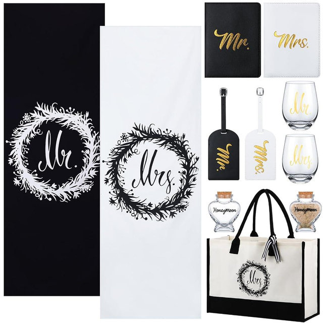 Silkfly 11 Pcs Wedding Gift Honeymoon Gift Set for Couple Include Mr and Mrs Beach Towel Luggage Tags Passport Holder Wine Glass Keepsake Jar Canvas Bag Bride and Groom Travel Accessories for Newlywed