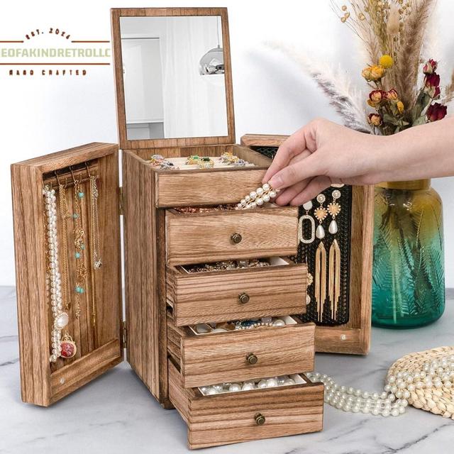 Jewelry Box Wood for Women/ 5-Layer Large Organizer Box /Mirror / 4 Drawers