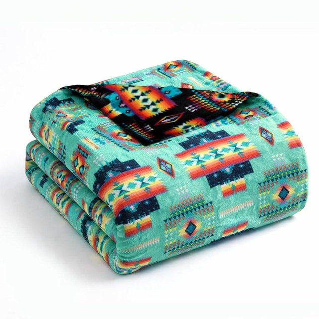 Sacred Thread Aztec Blanket Fleece, Reversible Native American Blanket, Western Throw, Native American Western (Teal Flannel), King (87”x95”)