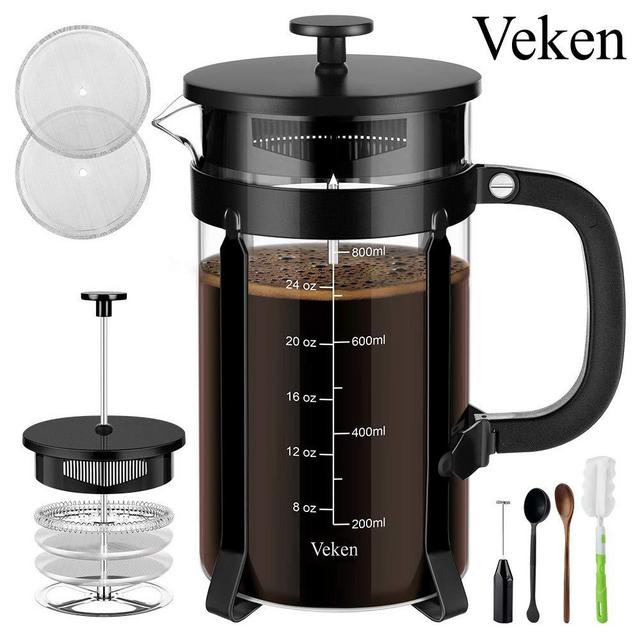 French Press Coffee Maker with 4 Filter Screens, Durable 304 Grade Stainless Steel Heat Resistant Borosilicate Glass Tea Maker (8 cups, 34 oz) with Milk Frother by Veken, Black