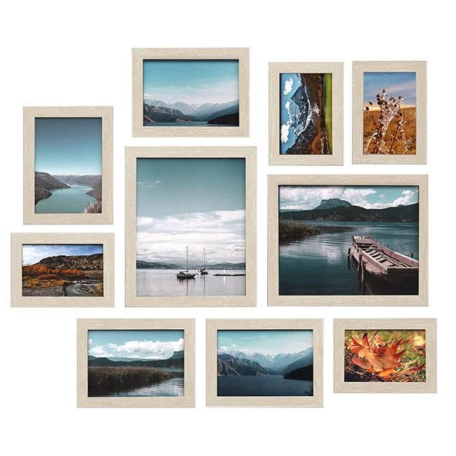 SONGMICS Picture Frames, 10 Pack Collage Picture Frames with Two 8x10, Four 5x7, Four 4x6, Photo Frame Set for Wall Gallery Decor, Hanging or Tabletop Display, Clear Glass Front, Natural