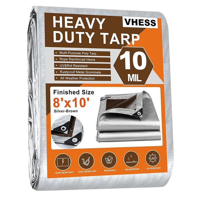 Tarps Heavy Duty Waterproof 8’ X 10’, 10 Mil Multipurpose Poly Tarp Cover, tarp Waterproof UV Resistant Tear&Fade Resistant, Outdoor Tarpaulin for Roof, Camping, Patio, Pool, Boat, Car