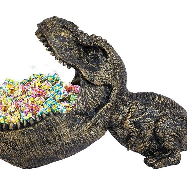 Dinosaur Statue Candy Bowl Fun Candy Dish for Office Desk Dino Key Bowl for Entryway Table Decorative Bowl Bronze Animal Candy Bowls Resin Decoration Bowl for Home Big Mouth Candy Jar Box Gifts