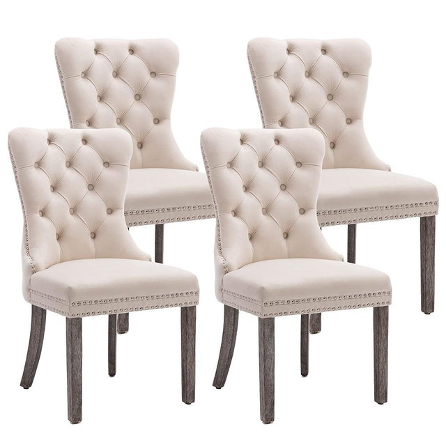 KCC Velvet Dining Chairs Set of 4, Upholstered High-end Tufted Dining Room Chair with Nailhead Back Ring Pull Trim Solid Wood Legs, Nikki Collection Modern Style for Kitchen, Beige