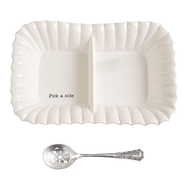 Mud Pie 4171082 Two Section Divided Vegetable Serving Bowl Set, White