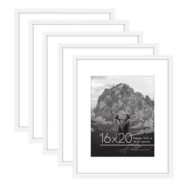 Americanflat 16x20 Picture Frame in White - Displays 11x14 With Mat and 16x20 Without Mat - Set of 5 Frames with Sawtooth Hanging Hardware For Horizontal and Vertical Display