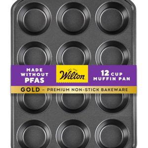 Wilton Gold Non-Stick 12 -Cup Muffin Pan, Stainless Steel Bakeware, 10.5 x 15 x 1.4 in