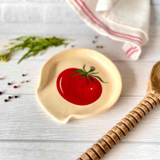 Ceramic handpainted red tomato spoon rest Tomato spoon holder handmade for table Nature decor Kitchen accessories