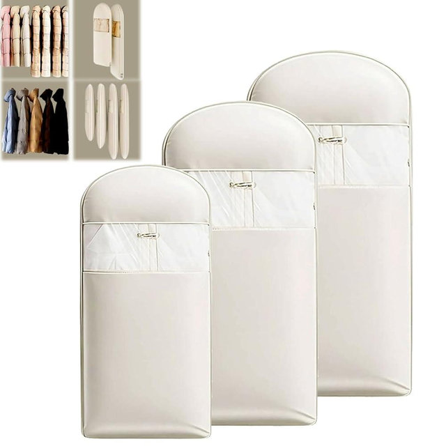 3 Packs Space Saving Garment Bag with Self Compression Zipper, Travel Suit Bags for Closet Storage, Hanging Garment Bag for Coats, Down Jackets (M+L+XL,Beige)