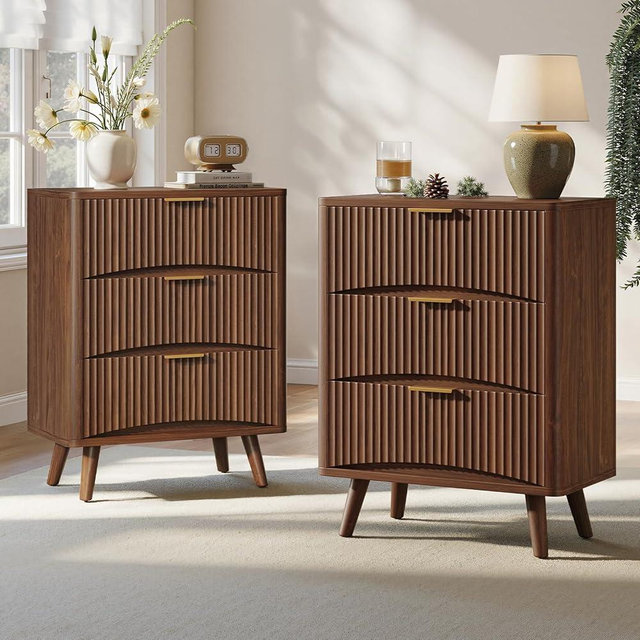 Evermagin 29'' Tall Fluted Nightstand Set of 2, Walnut Night Stand with 3 Drawers, Wooden Bedside Table, Mid Century Modern Side Table for Bedroom