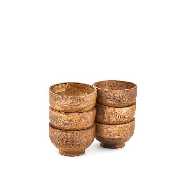 BHAVATU Bowl Set Mango Wood Round Wooden Serving Bowls for Dips, Sauces, Nuts, Spices - Mini Decorative Dishes (3" x 3" x 2") (Set of 6)