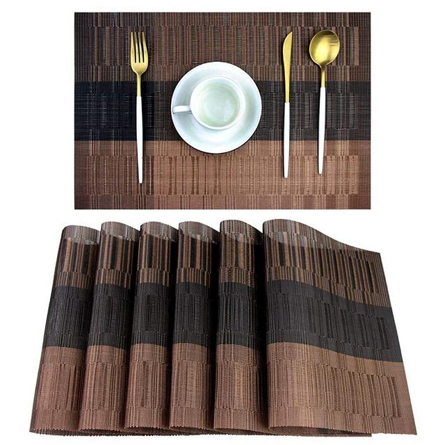 pigchcy Placemats,Washable Vinyl Woven Table Mats,Elegant Placemats for Dining Table Set of 6(Bamboo-Brown)