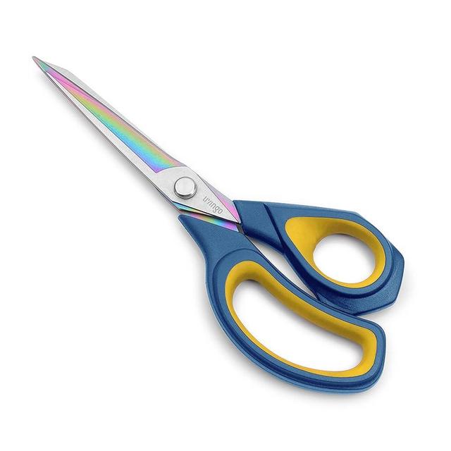 LIVINGO 9.5” Premium Fabric Scissors, Heavy Duty All-Purpose Titanium Coating Forged Stainless Steel Sharp Sewing Tailor Dressmaking Shears Comfort Grip Crafting Leather Cutting, Navy Blue/Yellow