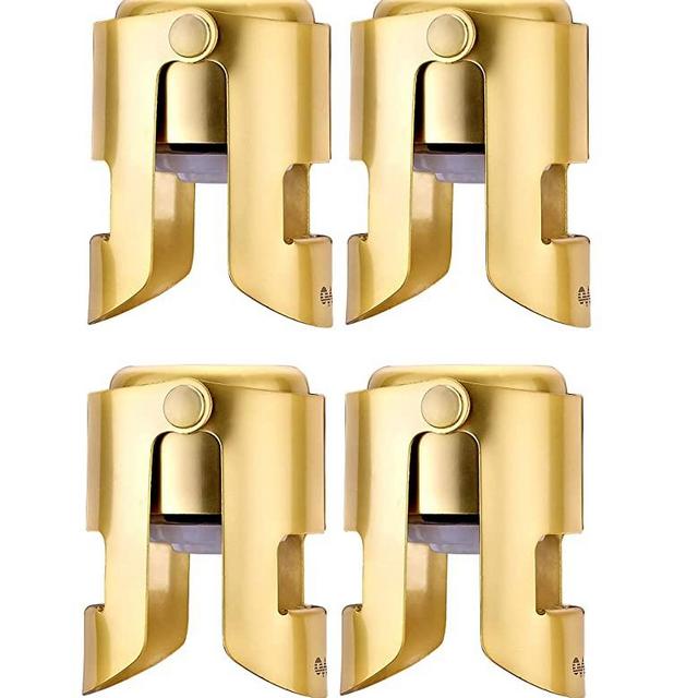 OWO Champagne Stopper, Stainless Steel Bottle Plug Sealer for Sparkling Wine, Superior Leak-Proof Bubble Retaining Saver, No Sharp Edge, No Spill, Fizz Saver, Passed Press Test (4 pack Gold)