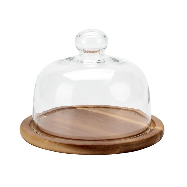 KVMORZE 8.6''Cake Stand with Glass Dome, 2-in-1 Acacia Wood Cheese Cupcake Decorative Tray, Glass Dome with Base, 6.6" Cake Fruit Display Server Platter for Kitchen, Party, Appetizer (Wood 8.6 inch)