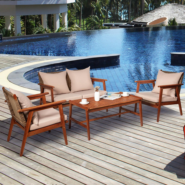Costway 4PCS Patio Rattan Furniture Set Acacia Wood Frame Cushioned Sofa Chair Garden