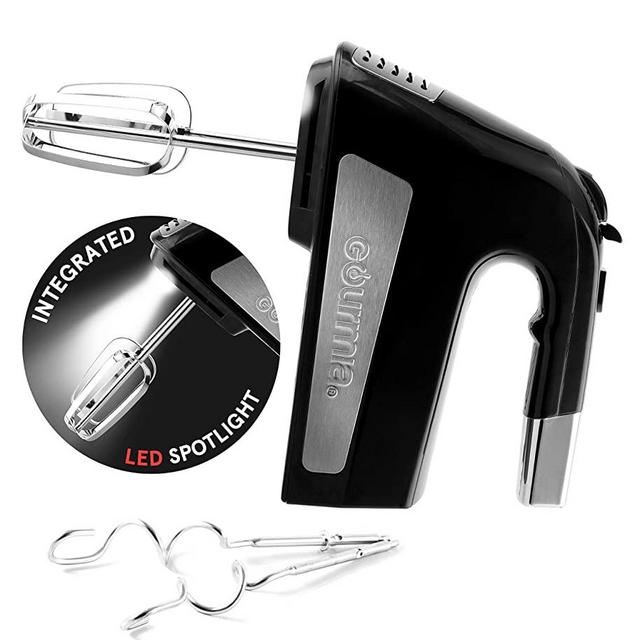 Gourmia GHM2530 Illuminating Electric Hand Mixer with 6 Speeds + Turbo Mode - Powerful 300-Watt Motor - Integrated LED Spotlight - Includes Beater Whisks & Dough Hooks