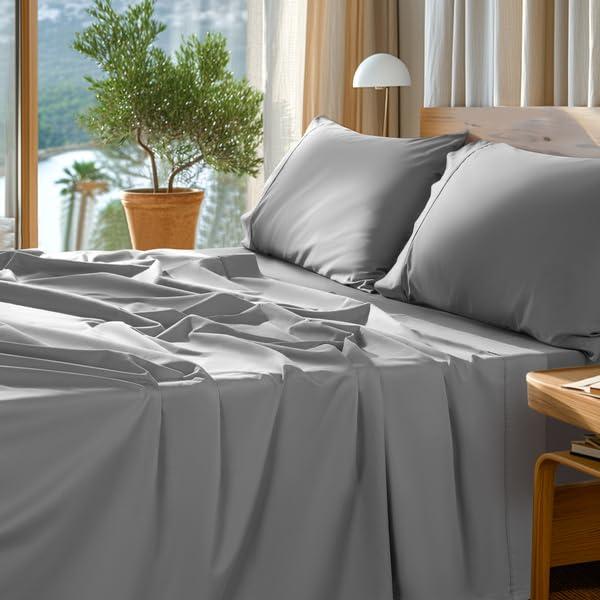 SONORO KATE 100% Egyptian Cotton Sheets Set - 1000 High Thread Count, Luxury 5-Star Hotel Sateen Bed Sheets, Soft, Breathable Long Staple Sheets, Fit up to 16" - 4 PC (Grey,Queen)