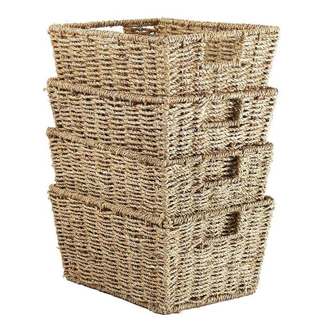 Welcare Set of 4 Seagrass Storage Baskets with Insert Handles Ideal for Home and Bathroom Organization - 12(L) x 9(W) x 6(H) inches