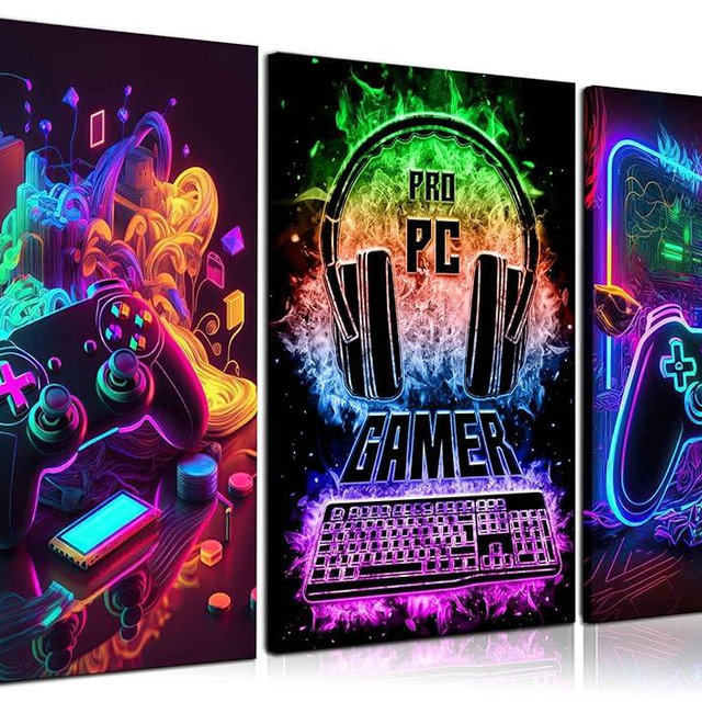 3Pcs Cool Gaming Wall Art Retro Video Gamer watercolor Posters Pictures Colorful Neon Gamer pad Canvas Painting Prints for Boys Room Kids Gamer Room Bedroom for Boys Home Decoration 16x24in