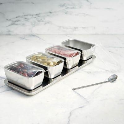 Frontgate Super Chill 4-Section Stainless Steel Condiment Server with Lids, Double-Walled, Ice-Free Cooling