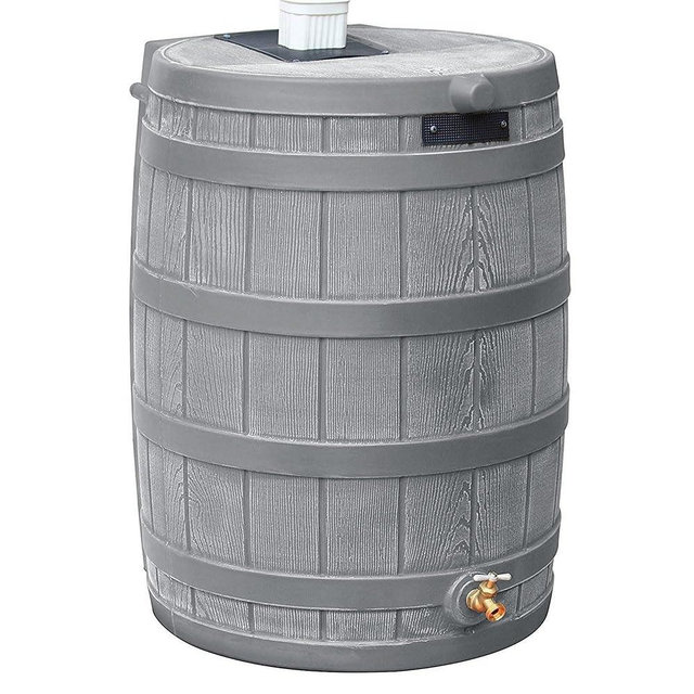Good Ideas Rain Wizard 50 Gallon Plastic Outdoor Home Water Storage Tank Rain Barrel Collector with Brass Spigot and Flat Back Design, Gray