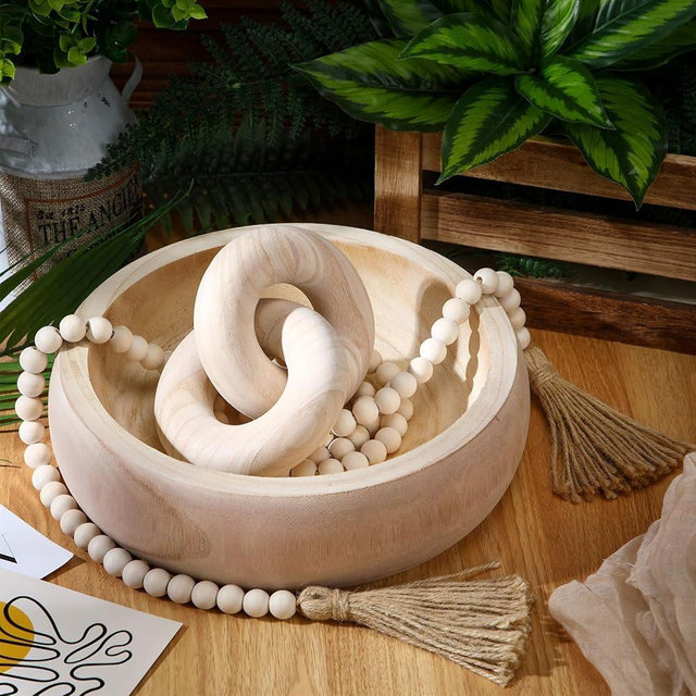 Hushee 3 Pcs Wood Decor Set Include fruit Bowl Beads Garland with Tassels Knot Chain Link Decor Wood Serving Bowl Farmhouse Beads for Home Room Table Rustic Decorations
