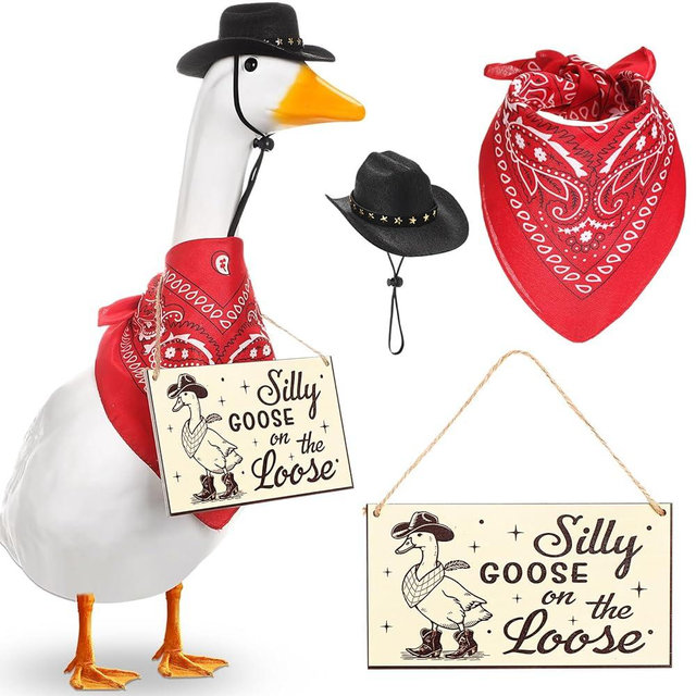 Silicherry Funny Porch Goose Decoration Set Silly Goose on The Loose Hangings Sign Cowboy with Outfit Cowboy Hat and Bandana for 23" Cement/Plastic Outdoor Statue Patio Yard Lawn Art(Red,Black)