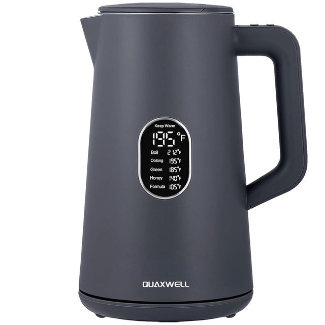 QUAXWELL 1.5L Electric Kettle Stainless Steel, Double Wall Cool Touch Teapot, Fast Boil,5 Temperature Control, LED Display, Auto Shut-Off, BPA-Free,Keep Warm Function, Ideal for Tea & Coffee (Gray)