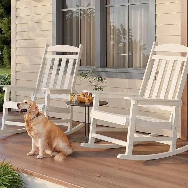 Ahomly Patio Outdoor Rocking Chairs Set of 2, Rocking Chair for Adults, Smooth Chairs for Lawn, Garden & Poolside, White