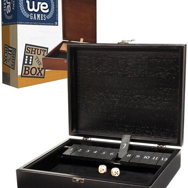 WE Games 12 Number Shut the Box Board Game- Black Stained Wood Box with Lid
