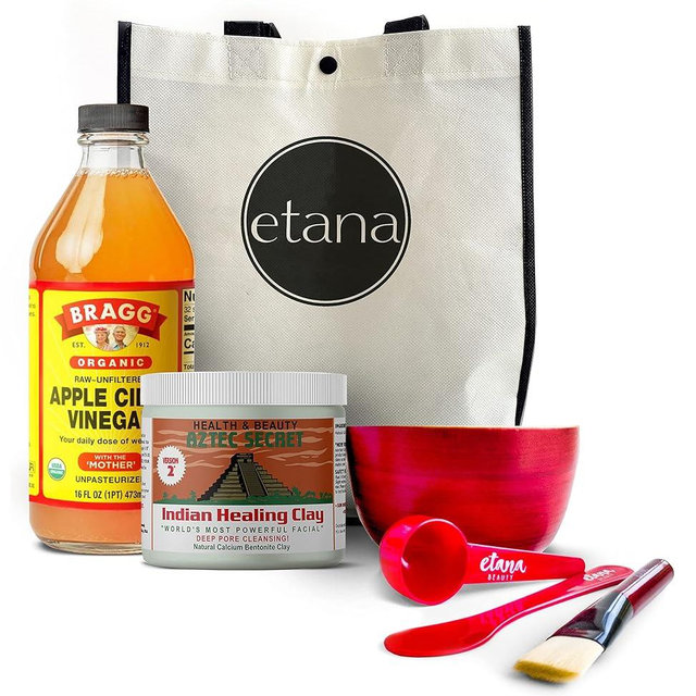 Aztec Secret Aztec Clay Premium Mask Set by Etana Beauty – All-In-One Kit Includes 1lb Indian Healing Clay, 16oz Bragg's Apple Cider Vinegar, Natural Bamboo Bowl, Stir, Scoop, Brush & Tote