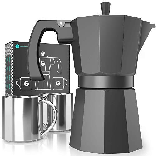 Moka Pot Stovetop Espresso Maker - Coffee Gator Induction-Friendly, Rapid Stove Top Coffee Brewer - Includes 2 Stainless Steel Vacuum Insulated 3oz Cups - 12oz/6-cup Brewing Capacity