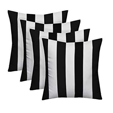 Resort Spa Home Decor Set of 4 Indoor/Outdoor Square Decorative Throw/Toss Pillows Black and White Stripe Fabric Choose Size (17" x 17")