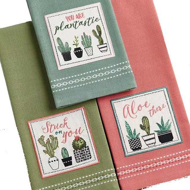 Design Imports DII Urban Oasis Cactus Embellished Dish Towels - Set of 3 - Aloe There - You are Plantastic - Stuck on You