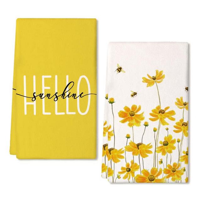 GEEORY Kitchen Towels for Spring Summer Decor Yellow Daisy Dish Towels 18 x 26 Inch Ultra Absorbent Bar Drying Cloth Hello Sunshine Hand Towel for Kitchen Bathroom Party Home Decorations Set of 2