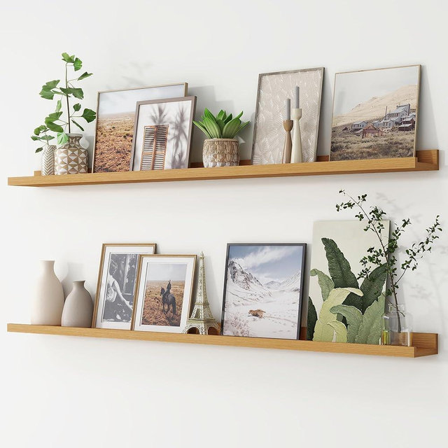 Picture Ledge Shelf, Floating Shelves Set of 2, 56 Inches Long Large Nursery Book Shelves for Toys Storage, Kids Bookshelf Wall Mounted for Living Room Bedroom Decor Books Photo Frames, Natural Oak