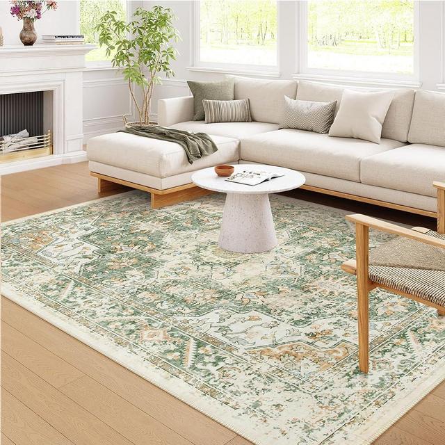 Lahome Boho Green Area Rugs 8x10 Living Room Rugs,Soft Bedroom Rug 8x10 Under Bed Non Slip Dining Room Rug,Vintage Oriental Low-Pile Accent Carpet for Home Office Playroom(8x10,Green)