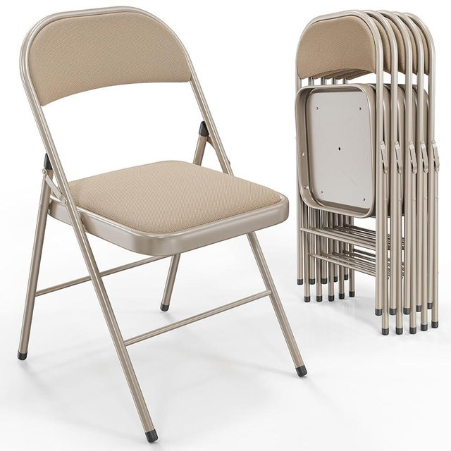 VINGLI Folding Chairs with Padded Seats, Metal Frame with Fabric Seat & Back, Capacity 350 lbs, Khaki, Set of 6