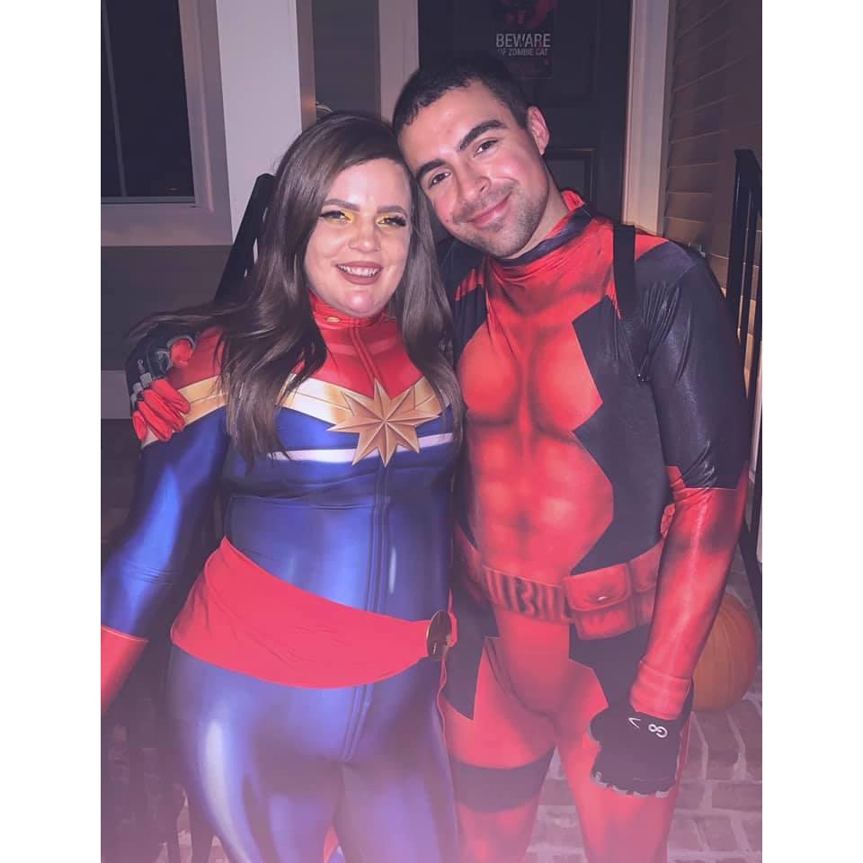 Our first Halloween together. We had coordinating costumes as Captain Marvel and Deadpool.