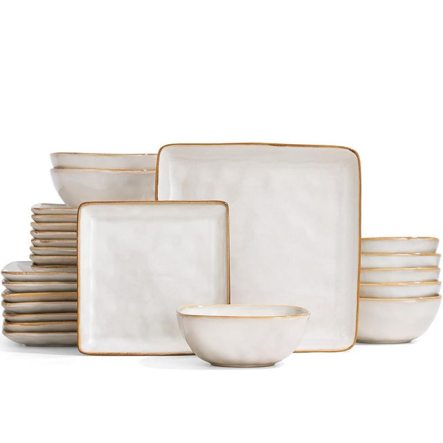Famiware Dinnerware Sets for 8, Ocean Square 24-Piece Kitchen Plates and Bowls Sets, Microwave and Dishwasher Safe, Scratch Resistant, Cappuccino White