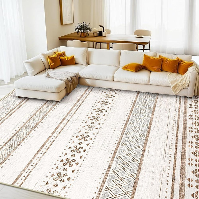 BESTSWEETIE 9x12 Area Rugs for Living Room Washable Moroccan Farmhouse Neutral Geometric Low Pile Non-Slip Soft Print Pattern Rug for Bedroom Kitchen Dining Room Entryway Cream/Brown/Pink