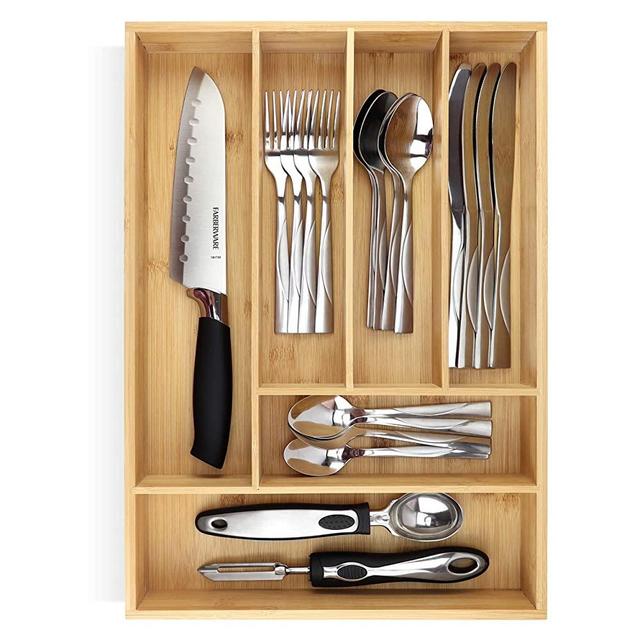 PRISTINE BAMBOO 17x11.8 inch Non-Slip, Extra Deep Silverware Organizer, Utensil Organizer, Silverware tray, Kitchen Drawer Organizer for Flatware Cutlery, Bamboo Wood Silverware Holder