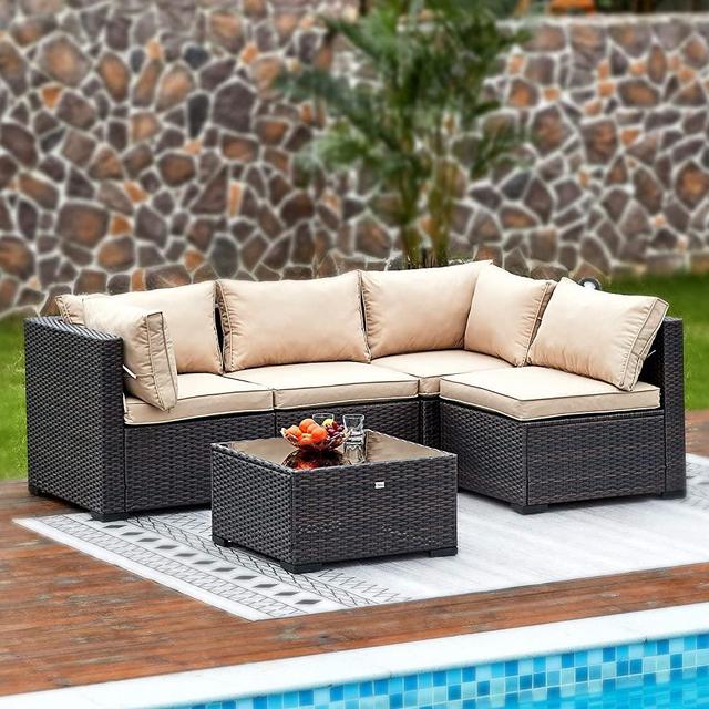 Natural Expressions 5 Piece Wicker Patio Sectional Furniture Sets Rattan Sofa Outdoor,All Weather Conversation Couch with Tempered Glass Coffee Table and Cushions,Garden Poolside,Backyard Porch
