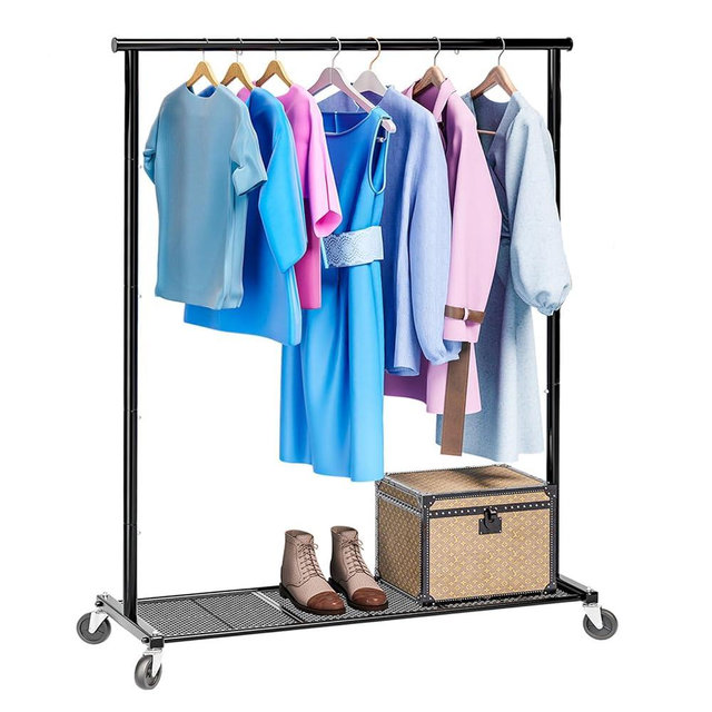 Ekisemio Clothing Clothes Rack on Wheels, Heavy Duty Portable Wardrobe for Hanging Clothes, Garment Rack with Bottom Mesh Shelf, Black