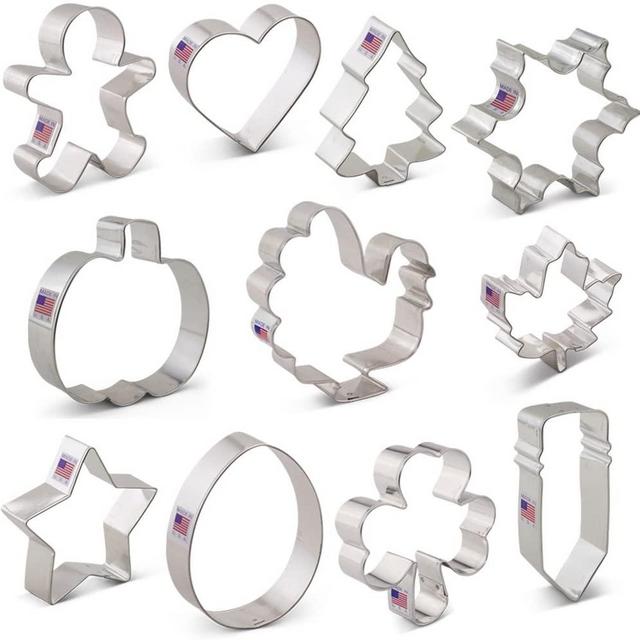 Ann Clark Cookie Cutters 11-Piece Every Season Cookie Cutter Set with Recipe Booklet, Pumpkin, Turkey, Star, Shamrock, Easter Egg, Gingerbread Man and More